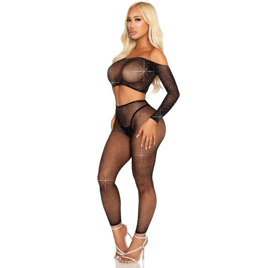 LEG AVENUE - CROP TOP UND NETZLEGGING MIT STRASS-STEINEN SCHWARZ