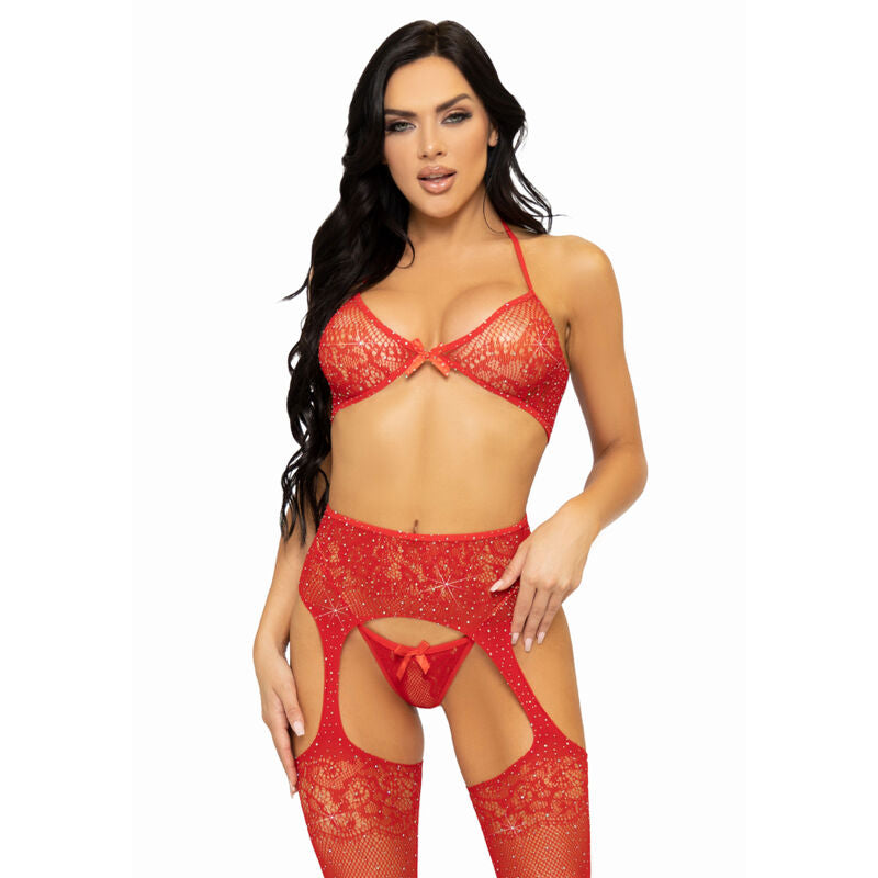 LEG AVENUE - DREITEILIGES SET BH, STRING UND STRUMPF, EINE GRÖSSE - SCHWARZ