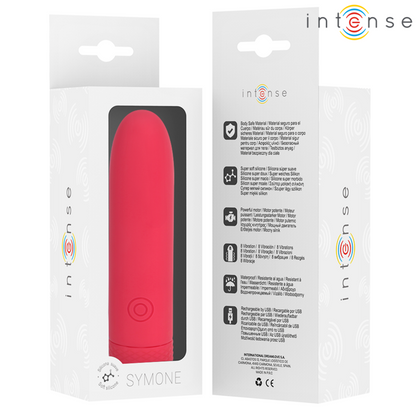 INTENSE - SYMONE USB WIEDERAUFLADBARER VIBRIERENDER BULLET 8 VIBRATIONEN ROT 10 X 2,2 CM