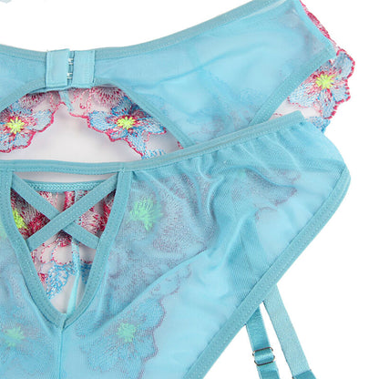 SUBBLIME - 954109 BH + HÖSCHEN MIT STRUMPFGÜRTEL BLUMENDESIGN BLAU S/M