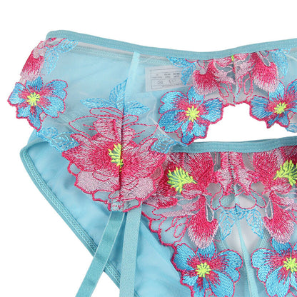 SUBBLIME - 954116 BH + HÖSCHEN MIT STRUMPFGÜRTEL BLUMENDESIGN BLAU L/XL