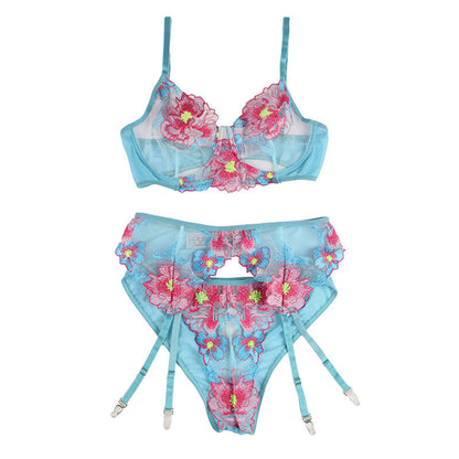 SUBBLIME - 954116 BH + HÖSCHEN MIT STRUMPFGÜRTEL BLUMENDESIGN BLAU L/XL