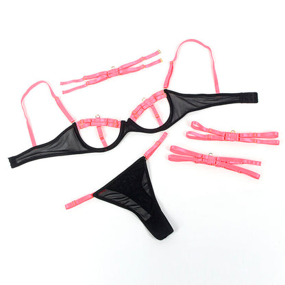 SUBBLIME - 955298 BH-SET MIT HALSKETTE UND BEINDETAILS FLUORESZIERENDES ROSA S/M