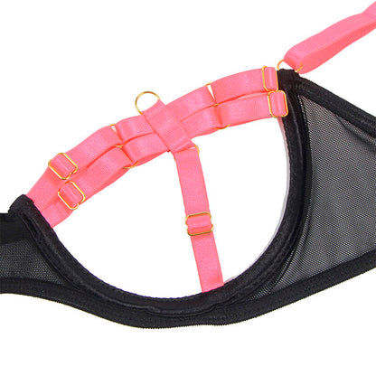 SUBBLIME - 955304 BH-SET MIT HALSKETTE UND BEINDETAILS FLUORESZIERENDES ROSA L/XL