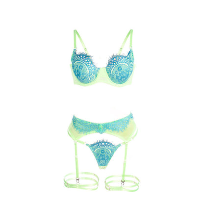 SUBBLIME - 955311 BH-SET MIT SPITZE UND STRUMPFBAND GRÜN UND BLAU S/M
