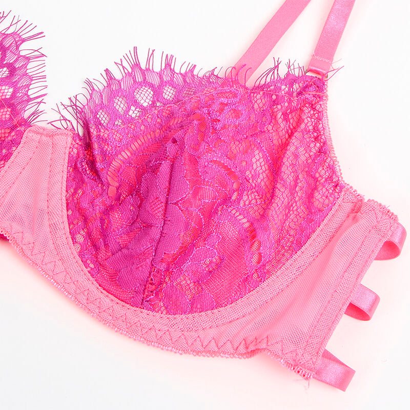 SUBBLIME - 955359 BH-SET MIT SPITZE UND STRUMPFBÄNDERN ROSA UND LILA S/M