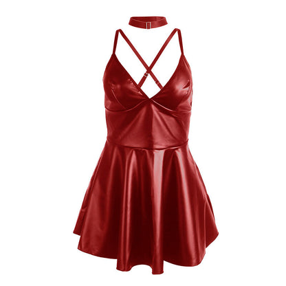 SUBBLIME - 955403 KLEID MIT BURGUNDERROTEN LEDERTRÄGERN L/XL