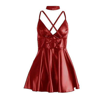 SUBBLIME - 955403 KLEID MIT BURGUNDERROTEN LEDERTRÄGERN L/XL