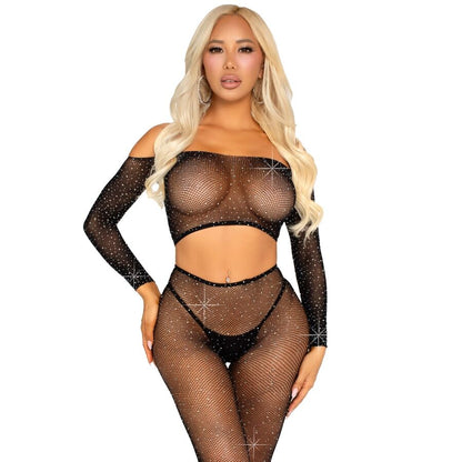 LEG AVENUE - CROP TOP UND NETZLEGGING MIT STRASS-STEINEN SCHWARZ
