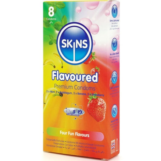 SKINS - PREMIUM-KONDOME MIT VERSCHIEDENEN GESCHMACKSRICHTUNGEN, 8ER-PACK