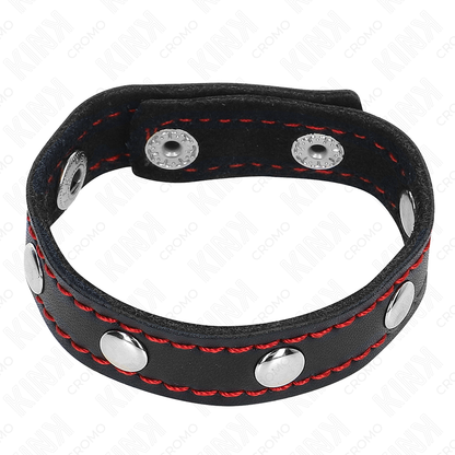 KINK - PENISRING AUS LEDER MIT DRUCKVERSCHLUSS ROT FUTTER 21 X 1,5 CM
