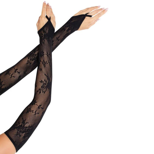 LEG AVENUE - EXTRA LANGE ARMWÄRMERHANDSCHUHE MIT BLUMENSPITZE, SCHWARZ